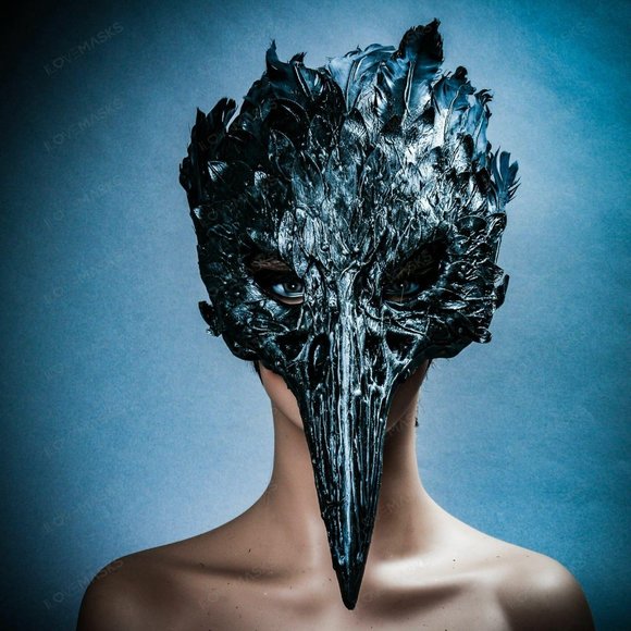 Black Raven Skull Nose w/ Feather Halloween Mask - Picture 4 of 10